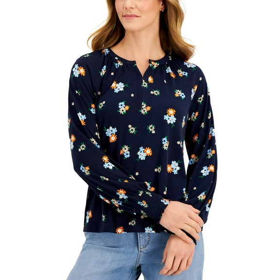 Charter Club Petite Printed Top Intrepid Blue Combo PS