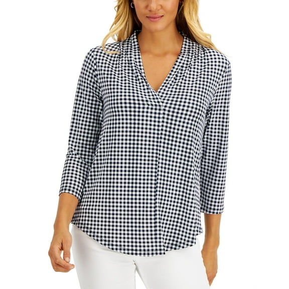 Charter Club Petite Printed V Neck 3/4 Sleeve Top72 Intrepid Blue Gingham PM