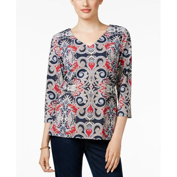 Charter Club Petite Printed V-Neck Top Deepest Navy Combo PS