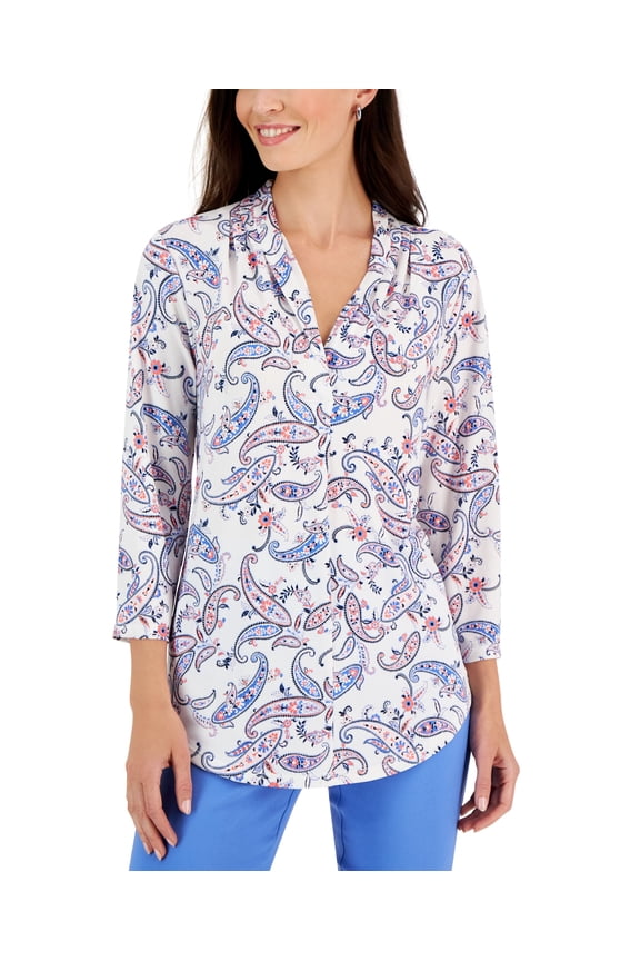 Petite Ruched Paisley Print 3/4 Sleeve Top Cloud Combo PS