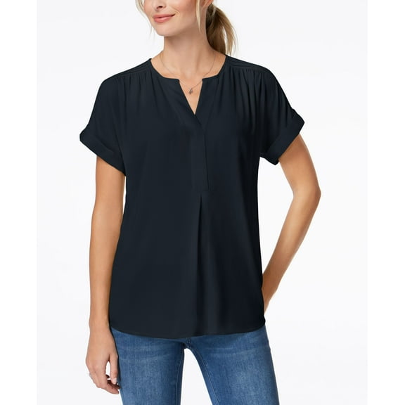 Charter Club Petite Split Neck Top Intrepid Blue PL