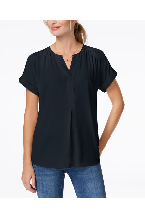 Petite Split Neck Top Intrepid Blue PL