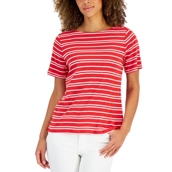 Charter Club Petite Striped Boatneck Top Red Barn Combo P2XS