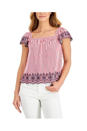 Petite Striped Eyelet-Trim Top Red Barn Combo P2XL
