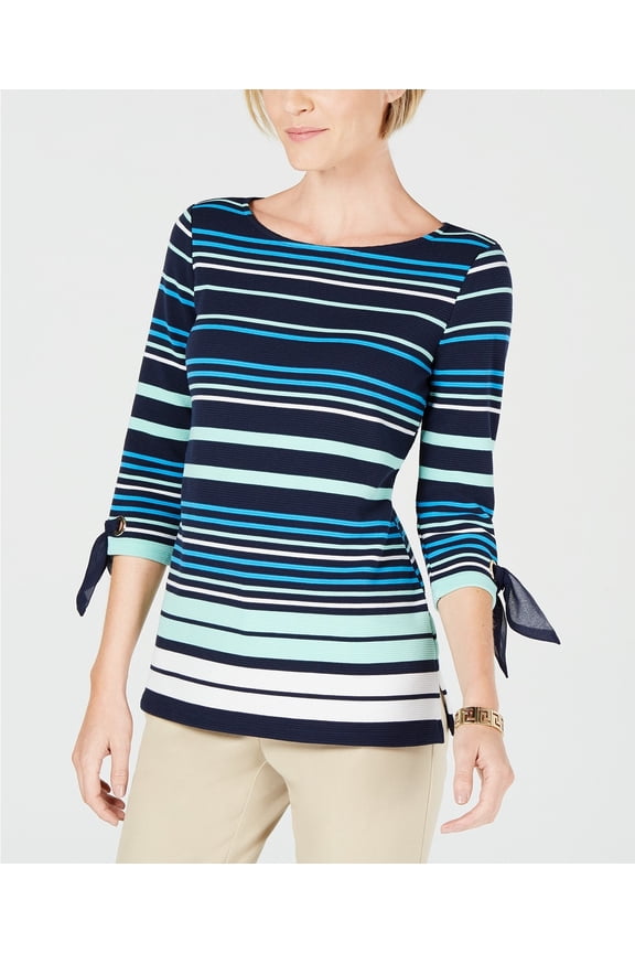 Petite Striped Tie Sleeve Top Blue XS