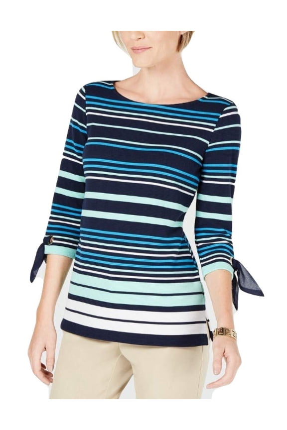 Petite Striped Tie Sleeve Top Blue XS