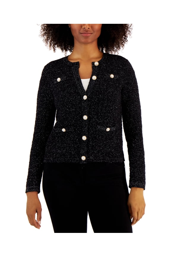 Petite Textured Long-Sleeve Button-Front Sweater Deep Black PL