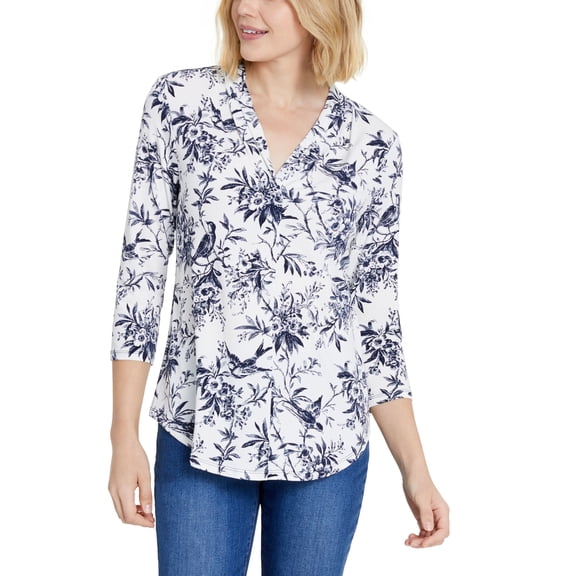 Charter Club Petite V Neck 3/4 Sleeve Top Cloud Intrepid Combo PS