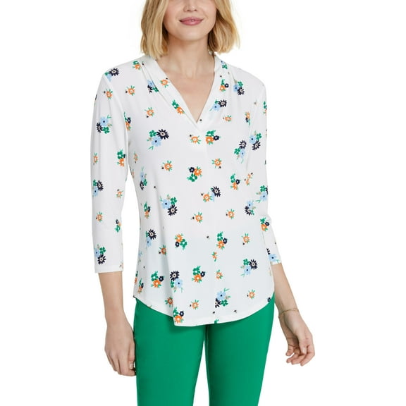 Charter Club Petite V Neck 3/4 Sleeve Top Floral Cloud Combo PL