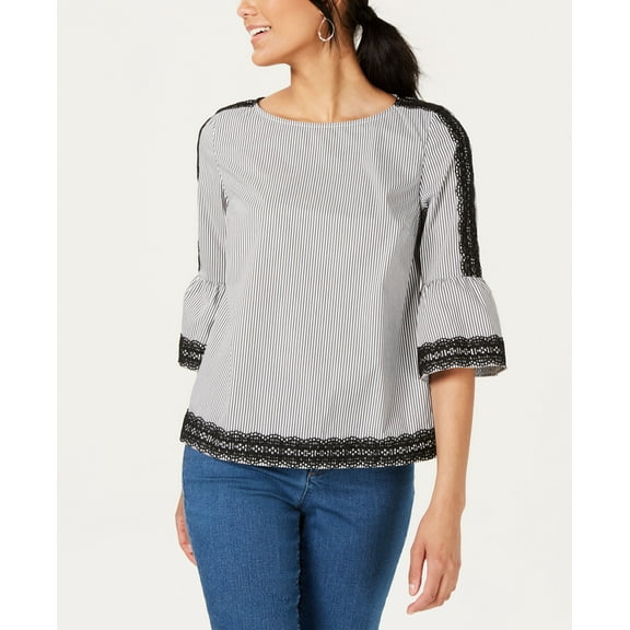 Charter Club Petite Woven Trim Bell Sleeve Blouse White PL