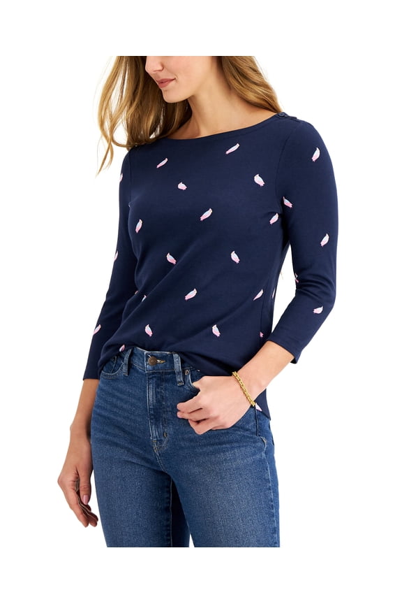 Pima Cotton Bird Print Boat Neck Top Intrepid Blue Combo S