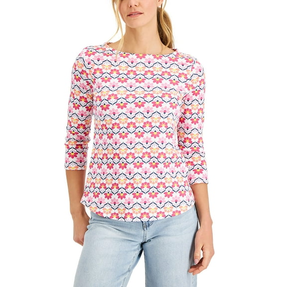Charter Club Pima Cotton Floral Print Boat Neck Top Bright White Combo Pink S