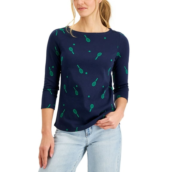 Charter Club Pima Cotton Tennis Print Boat Neck Top Intrepid Blue Combo XL