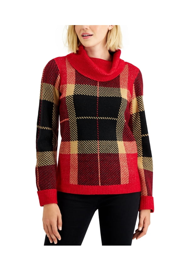 Plaid Cowlneck Sweater Ravishing Red Combo XS