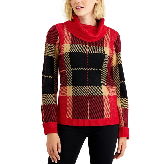 Charter Club Plaid Cowlneck Sweater Ravishing Red Combo XS