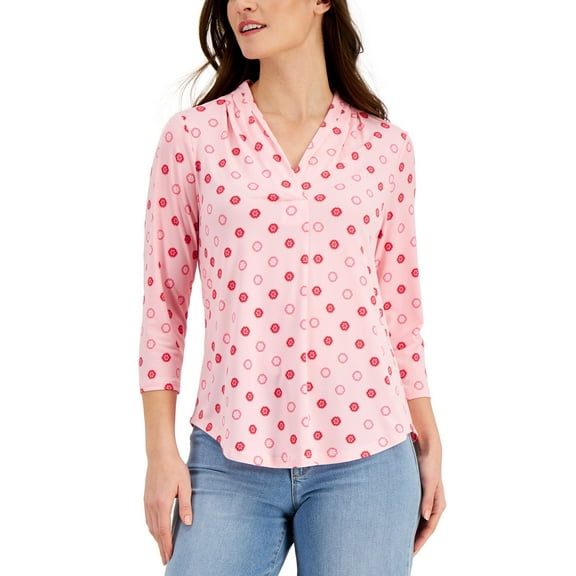 Charter Club Pleated Neck 3/4 Sleeve Top Orchid Pink Combo S