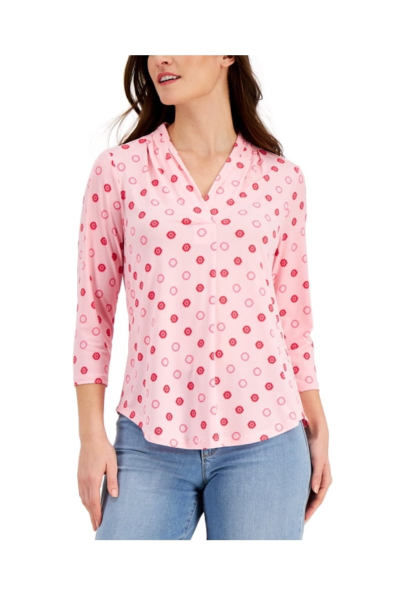 Pleated Neck 3/4 Sleeve Top Orchid Pink Combo S