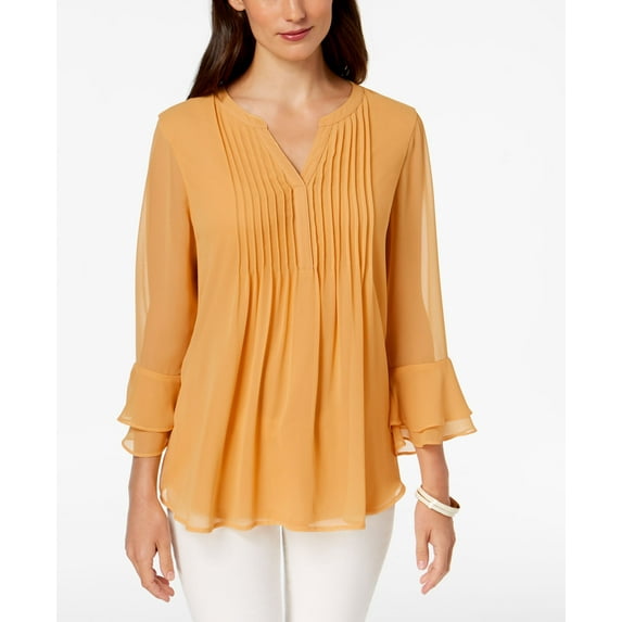 Charter Club Pleated Sheer Blouse (Honey Glaze, S)