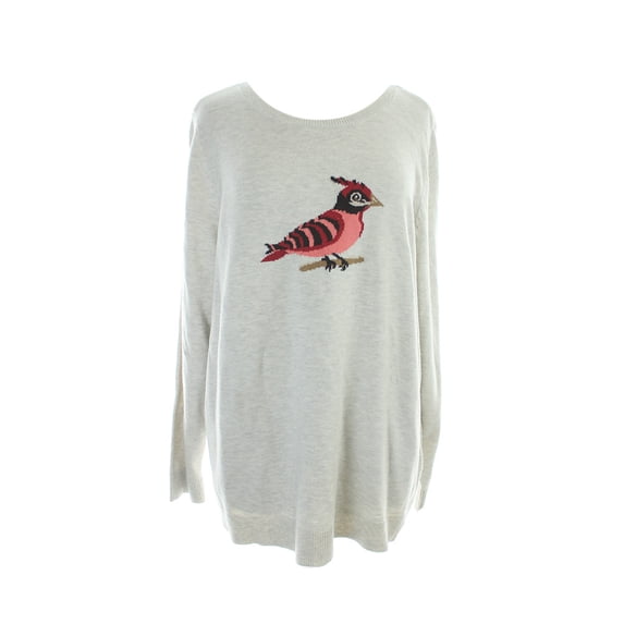 Charter Club Plus Size Beige Scoop-Neck Bird-Graphic Sweater 2X