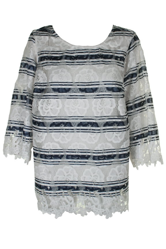 Plus Size Blue Combo 3/4-Sleeve Striped Lace Blouse 1X