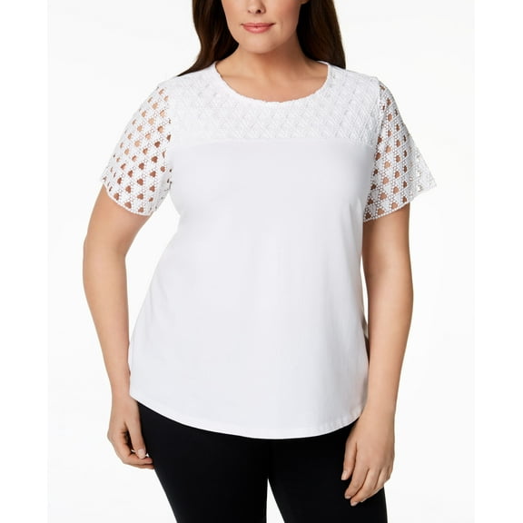 Charter Club Plus Size Crochet Sleeve T-Shirt Bright White 1X