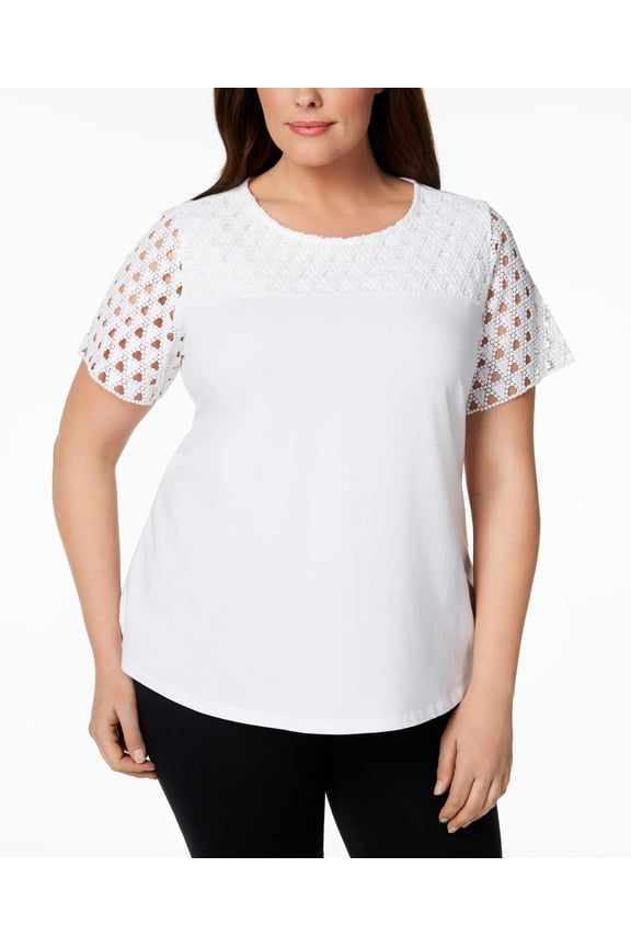 Plus Size Crochet Sleeve T-Shirt Bright White 1X