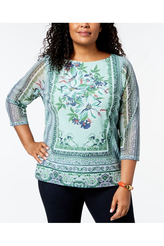 Plus Size Floral Print Mesh Top Tulum Blue Combo 0X