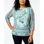 Charter Club Plus Size Floral Print Mesh Top Tulum Blue Combo 0X