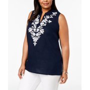 Charter Club Plus Size Linen Embroidered Tunic Intrepid Blue 1X