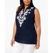 Charter Club Plus Size Linen Embroidered Tunic Intrepid Blue 1X