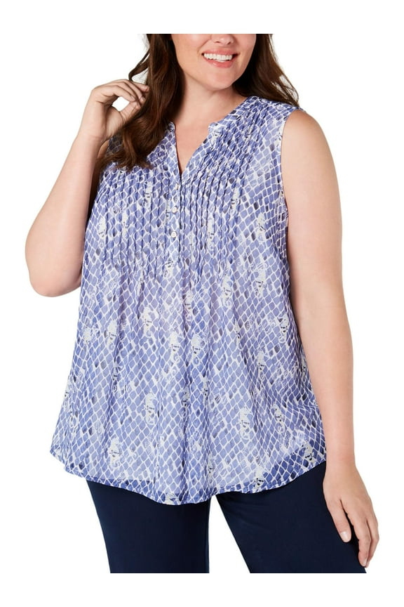 Plus Size Printed Pleated Top 1X – Blue