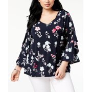 Charter Club Plus Size Ruffled Bell Sleeve Blouse Intrepid Blue Combo 2X