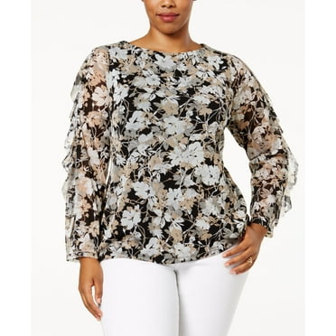 Charter Club Plus Size Ruffled Mesh Top (Deep Black Combo, 1X)
