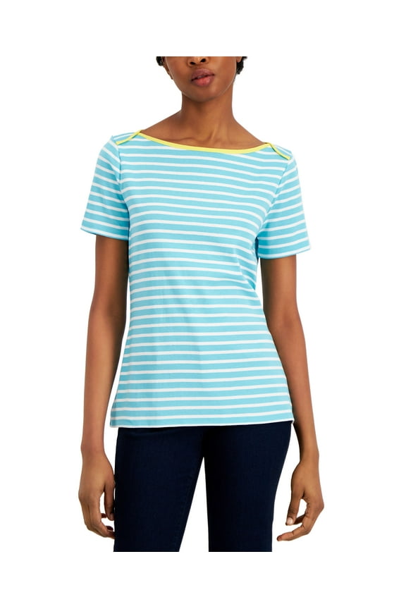 Prima Knit Striped Boatneck Top Turquoise Sea Combo M