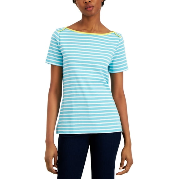 Charter Club Prima Knit Striped Boatneck Top Turquoise Sea Combo S