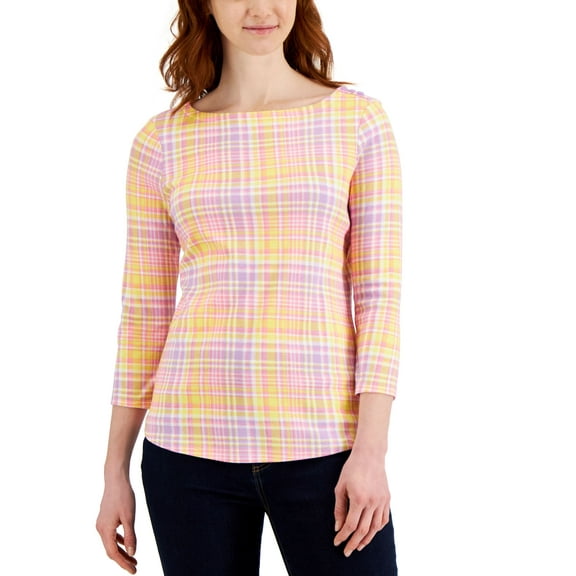 Charter Club Printed 3/4 Sleeve Boat Neck Top Freesia Dusk Combo Plaid M