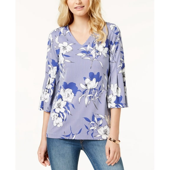 Charter Club Printed Bell Sleeve Top Creat Modern Blue Combo S