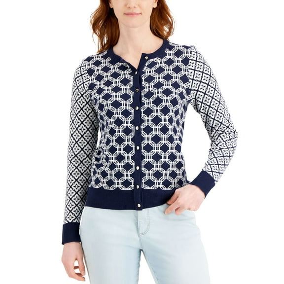 Charter Club Printed Button Down Cardigan Sweater Intrepid Blue Combo S