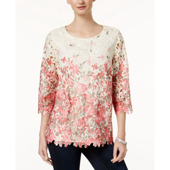 Charter Club Printed Lace Overlay Top Vintage Cream Combo XS