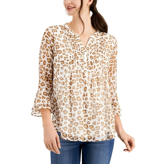 Charter Club Printed Ruffle Sleeve Blouse Bright White Combo XL