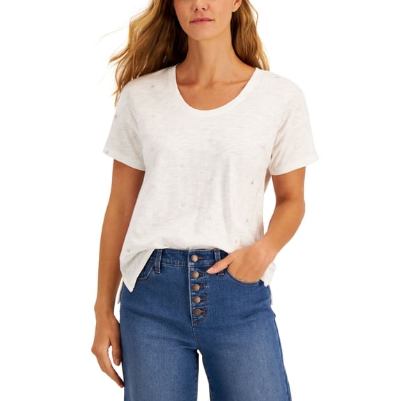 Charter Club Printed Shine Heart T-Shirt Bright White Combo M