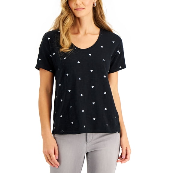 Charter Club Printed Shine Heart T-Shirt Deep Black Combo XL