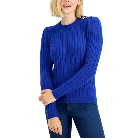 Charter Club Puff Sleeve Cable Knit Sweater Modern Blue L