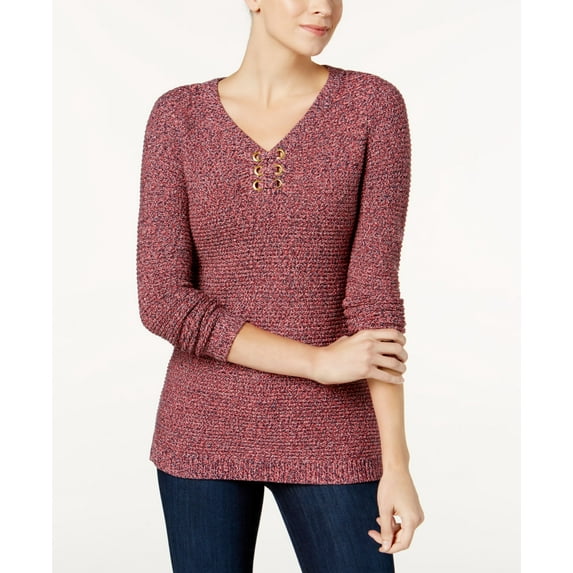 Charter Club Ribbed Grommet Sweater Coral Combo XL