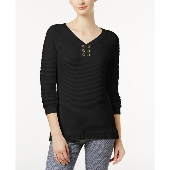 Charter Club Ribbed Grommet Sweater Deep Black M