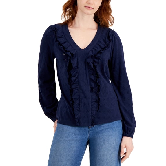 Charter Club Ruffled Eyelet Knit Top Intrepid Blue M