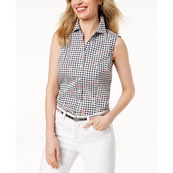 Charter Club Sleeveless Print Shirt Deep Black Floral Gingham Comb 4