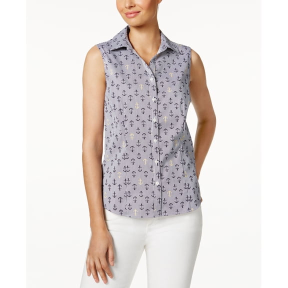 Charter Club Sleeveless Print Shirt Intrepid Blue Anchor Combo 14