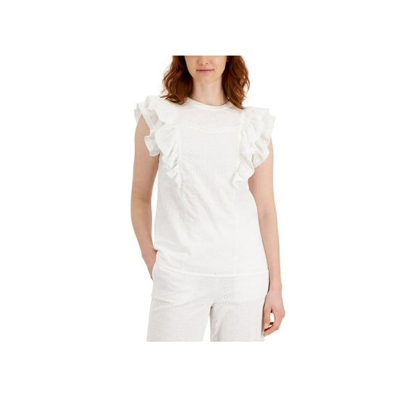 Charter Club Solid Flutter Sleeve Eyelet Top Bright White M