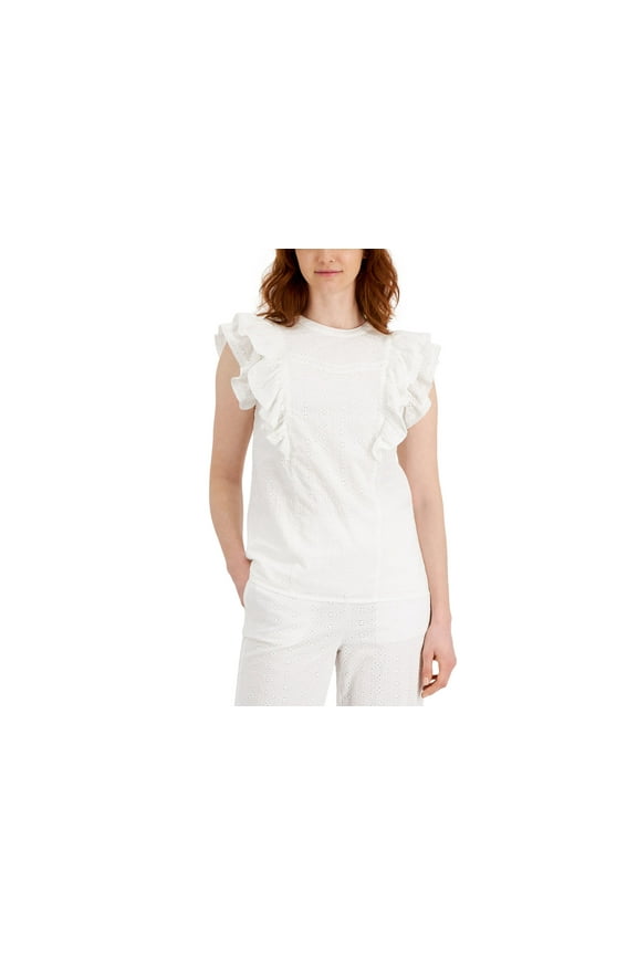 Solid Flutter Sleeve Eyelet Top Bright White M